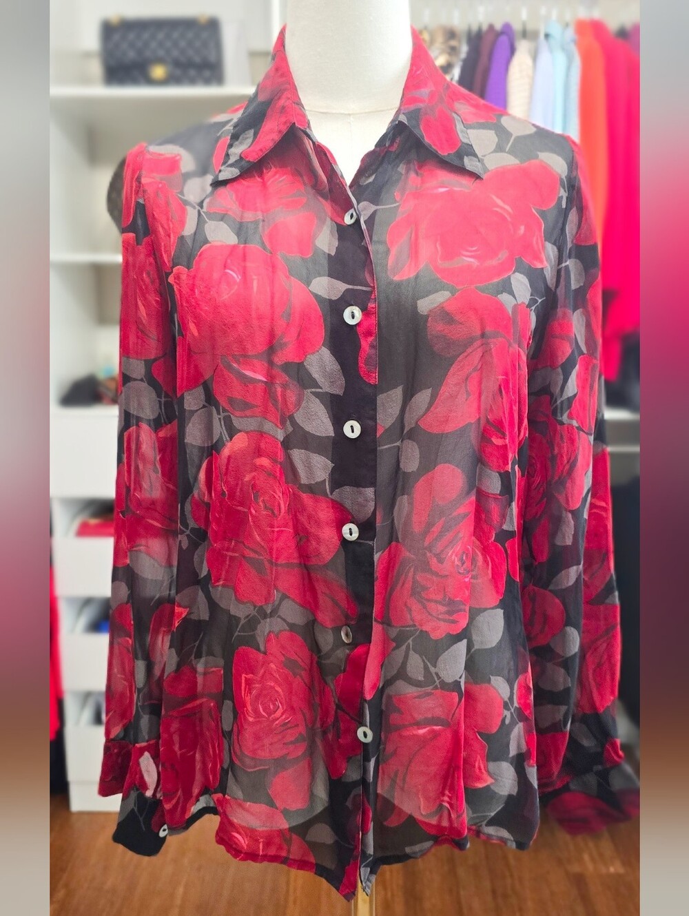 Tess Vintage 100% Silk Sheer Red Rose Button-Front Blouse - Women Size M